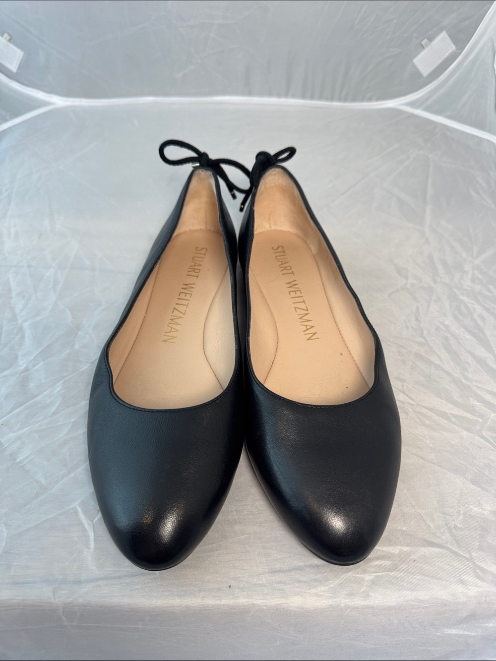 Stuart Weitzman Black Pointed Leather Ballet Flats with Ankle Tie